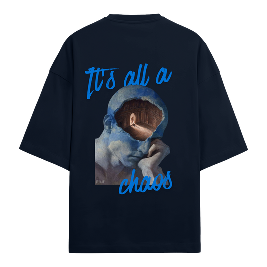 Navy blue oversized t-shirt with graphic design and text on a white background