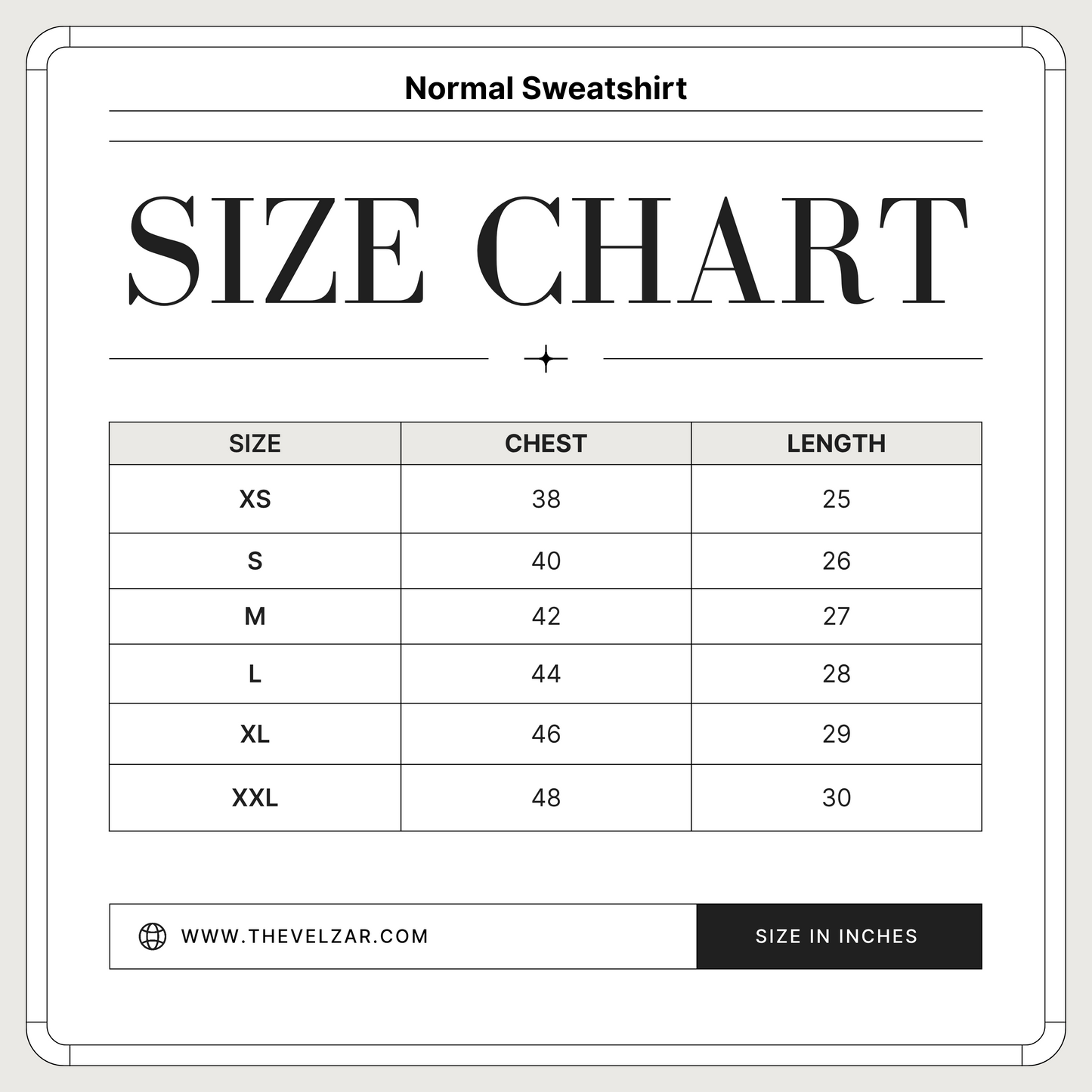 Size chart for normal sweatshirt with chest and length measurements in inches.