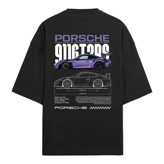 Black oversized t-shirt with Porsche 911 Turbo design on a white background