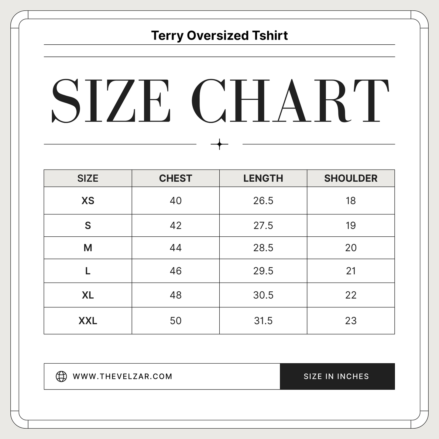 Size chart for oversized t-shirts with measurements in inches