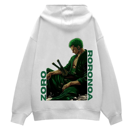 White hoodie with a graphic of a character in green clothing and 'Roronoa Zoro' text on a white background