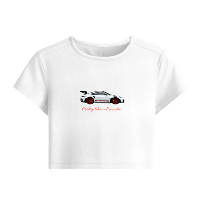 White t-shirt with a graphic of a car and text on a white background