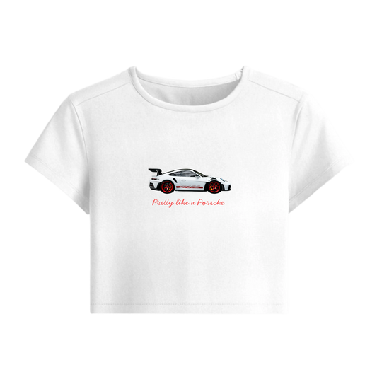 White t-shirt with a graphic of a car and text on a white background