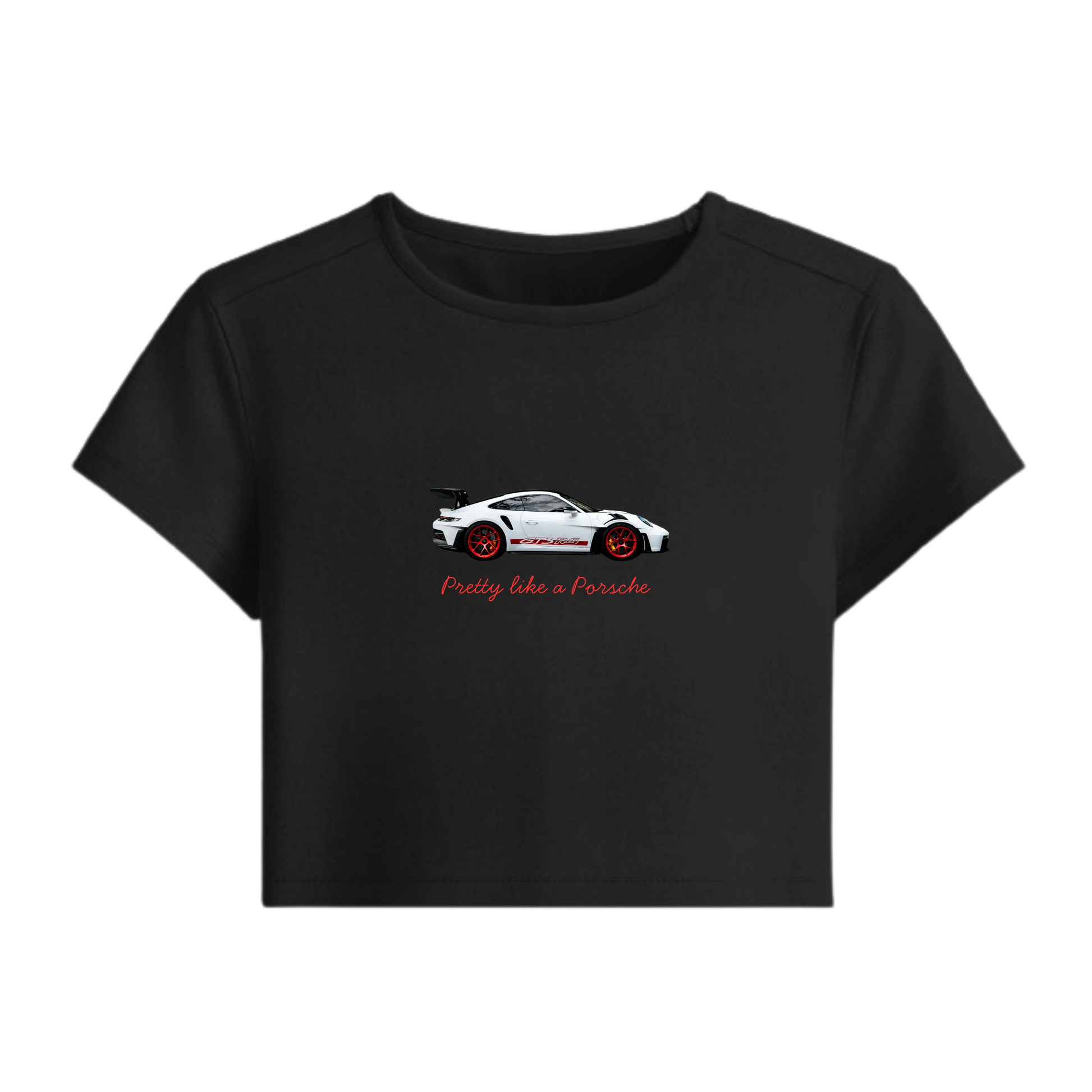 Black t-shirt with a Porsche car graphic and text on a white background