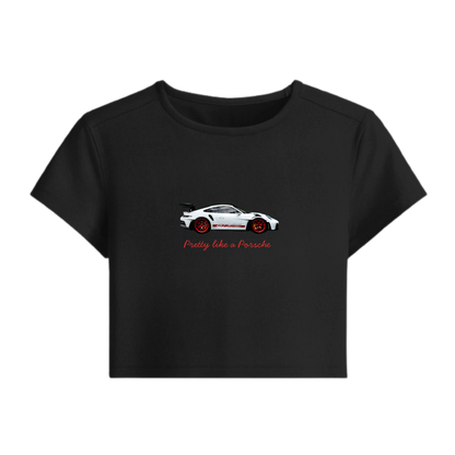 Black t-shirt with a Porsche car graphic and text on a white background