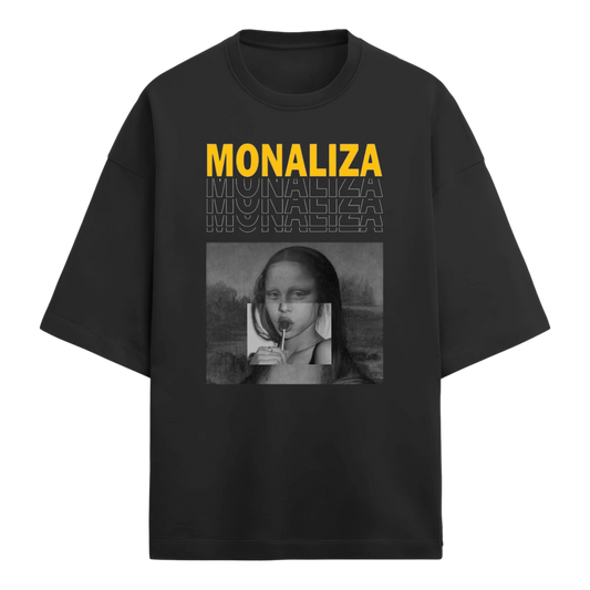 Black t-shirt with 'MONALIZA' graphic design.
