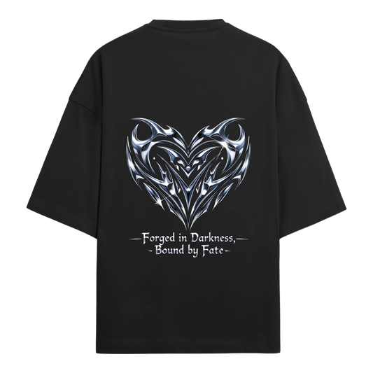 Black oversized t-shirt with a metallic heart design and text on the back against a white background