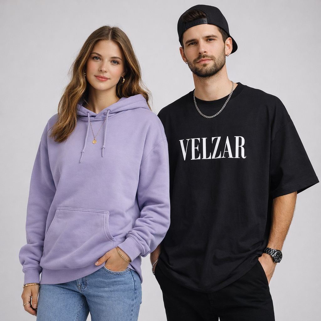 Man wearing a black 'VELZAR' t-shirt and woman in a purple hoodie on a plain background