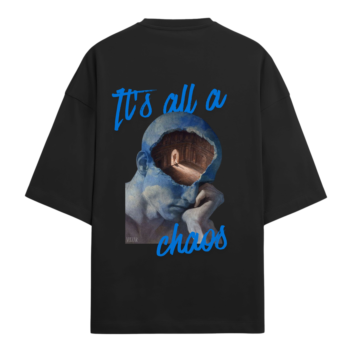 Black oversized t-shirt with graphic design and text on a white background