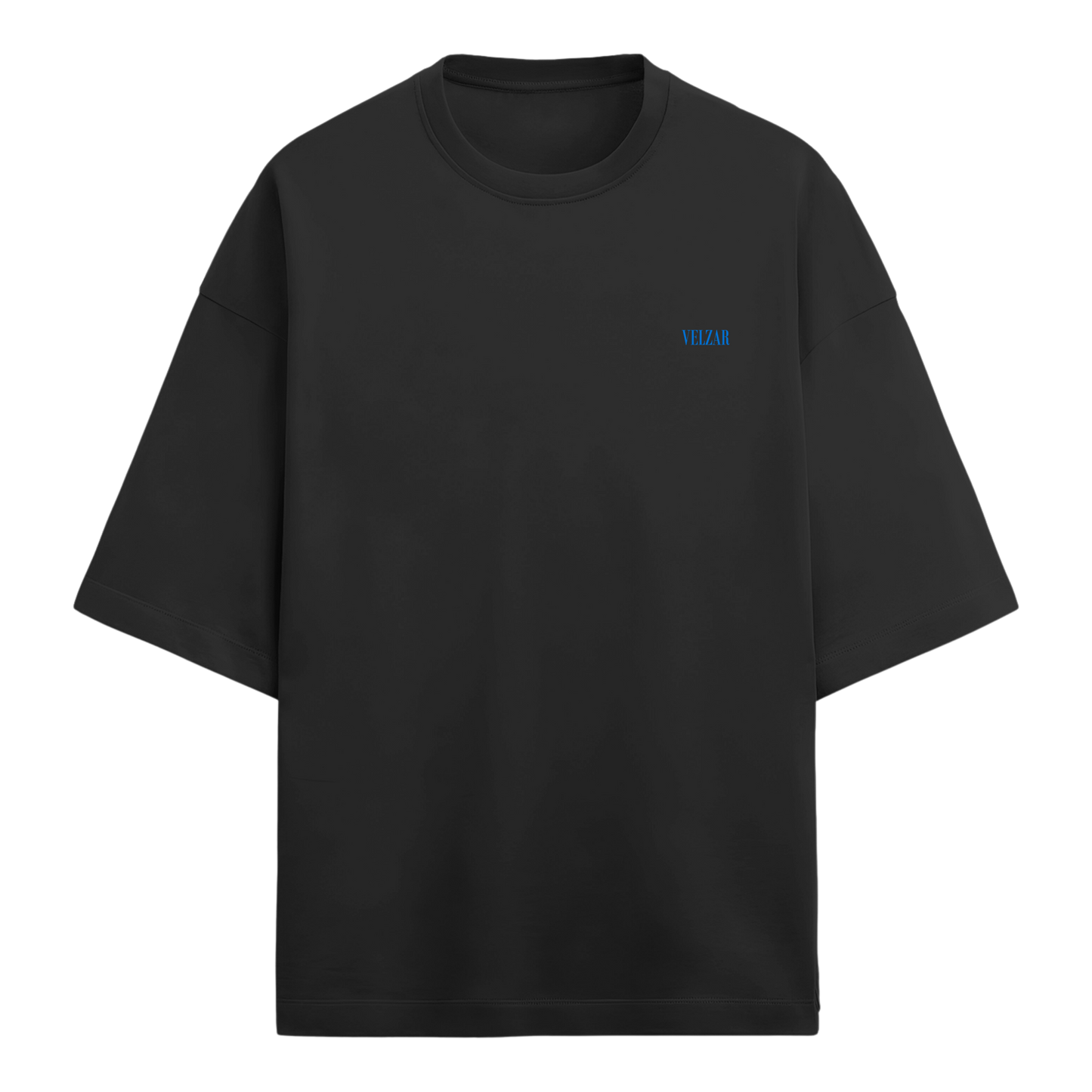 Black oversized t-shirt with a small blue Velzar logo on a white background