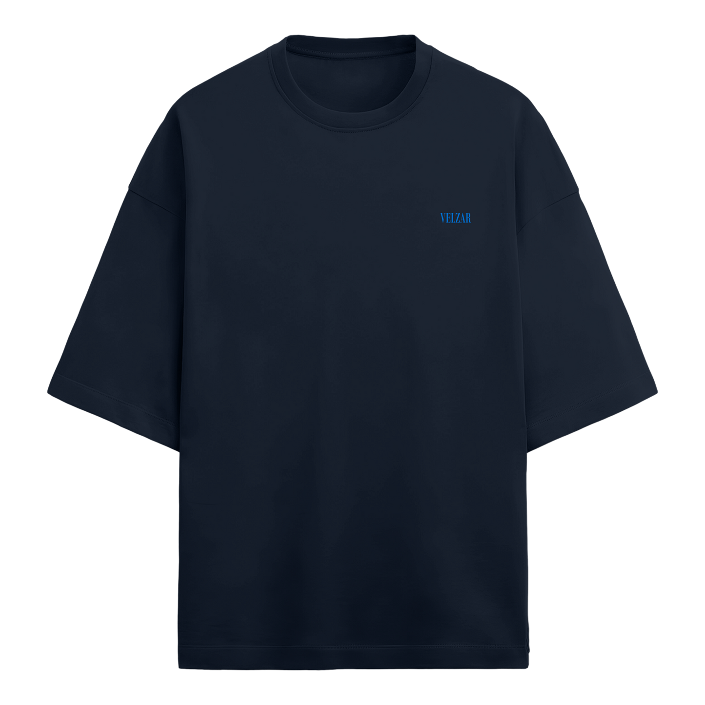 Navy blue t-shirt with a small Velzar logo on the chest against a white background