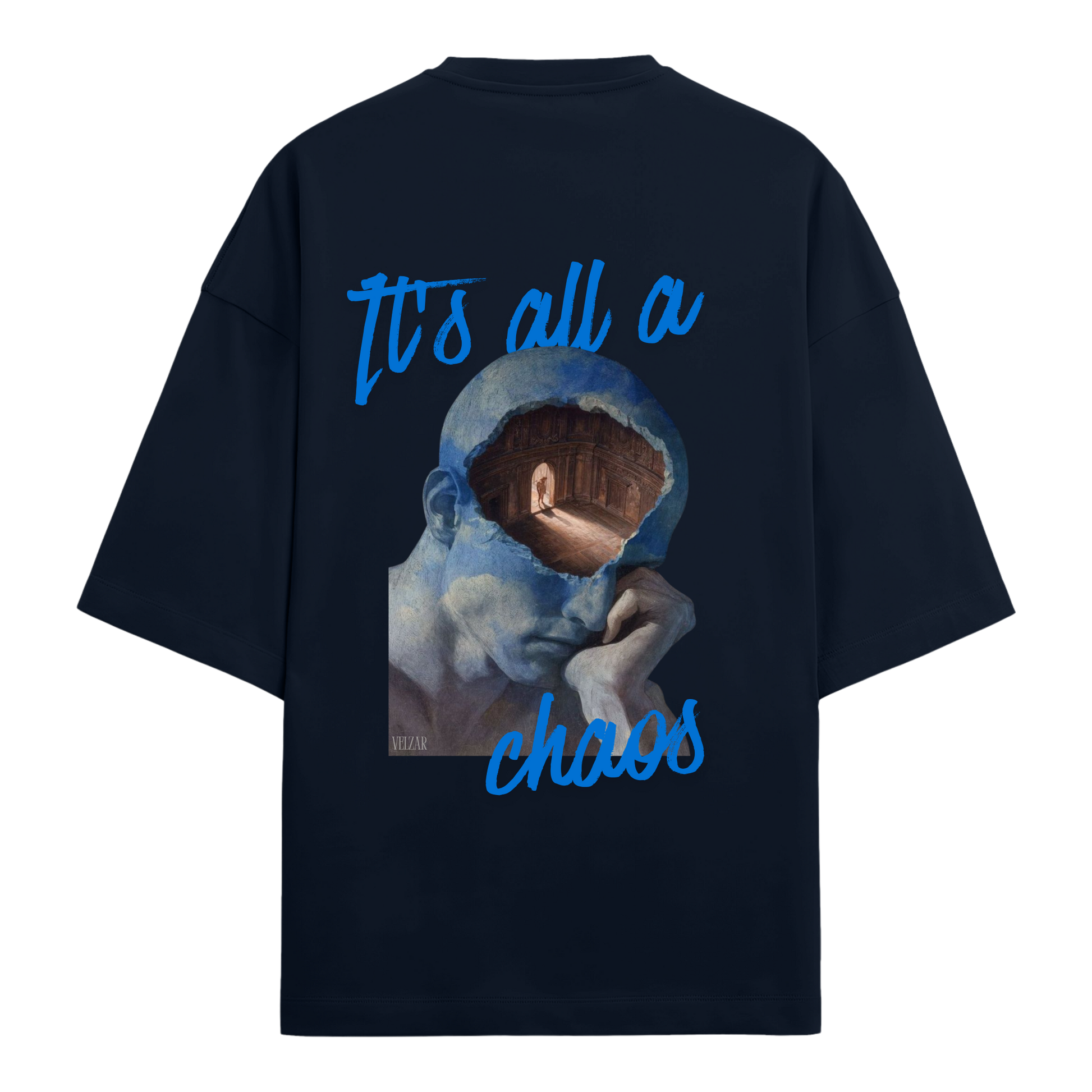 Navy blue oversized t-shirt with graphic design and text on a white background