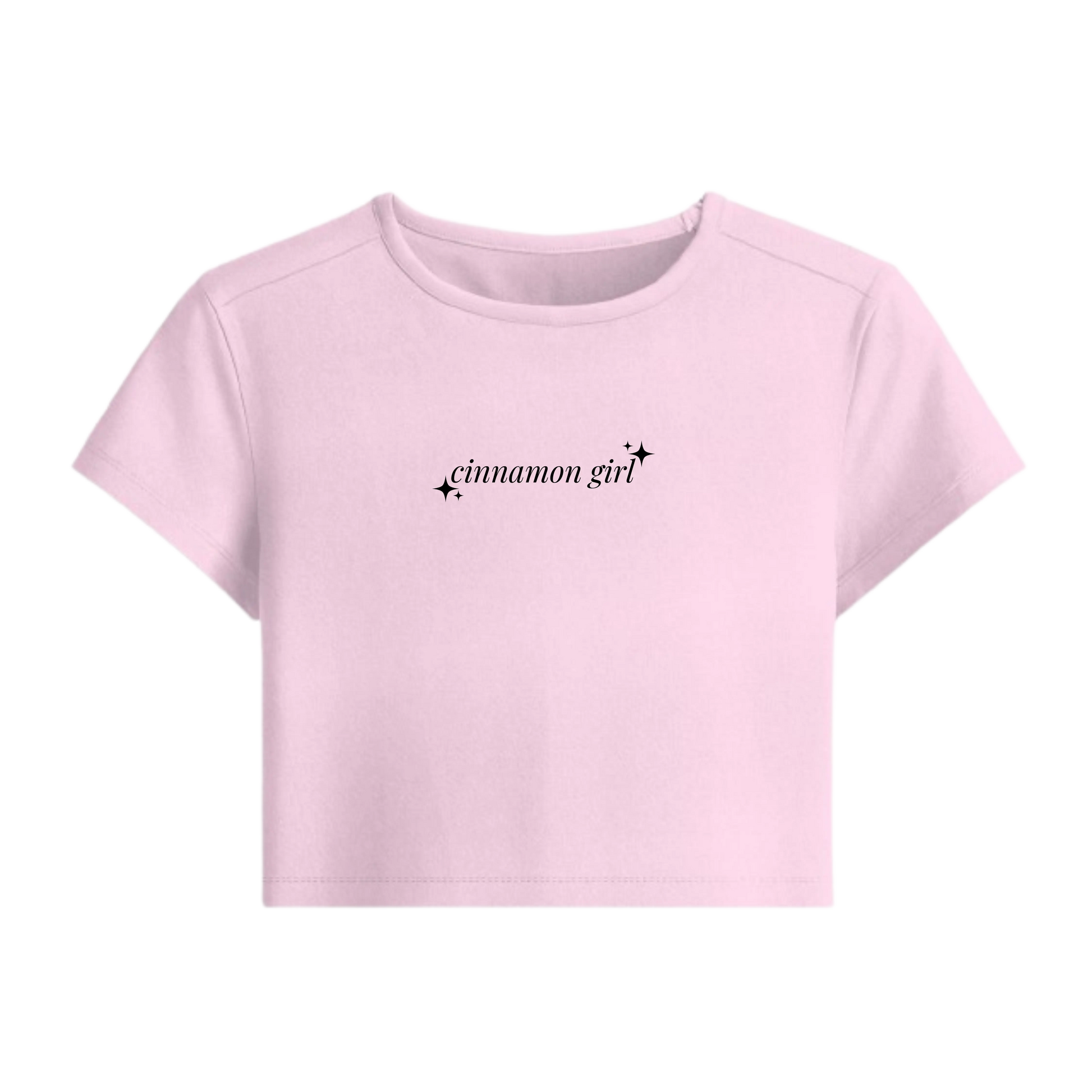 Pink t-shirt with 'cinnamon girl' text on a white background