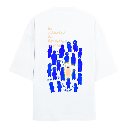 White oversized t-shirt with blue graphic design and text on a white background