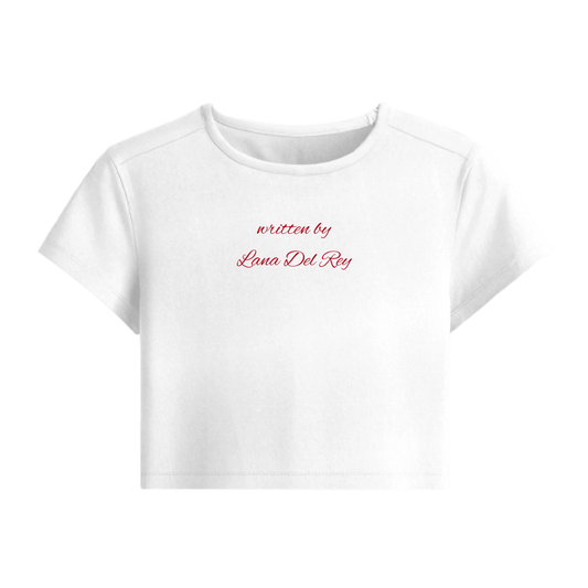 White t-shirt with red text 'written by Lana Del Rey' on a white background
