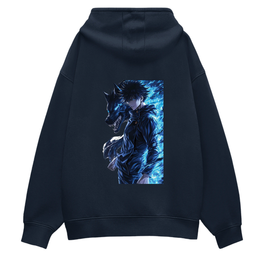 Navy Blue hoodie with Megumi design on the back featuring a character and wolf.