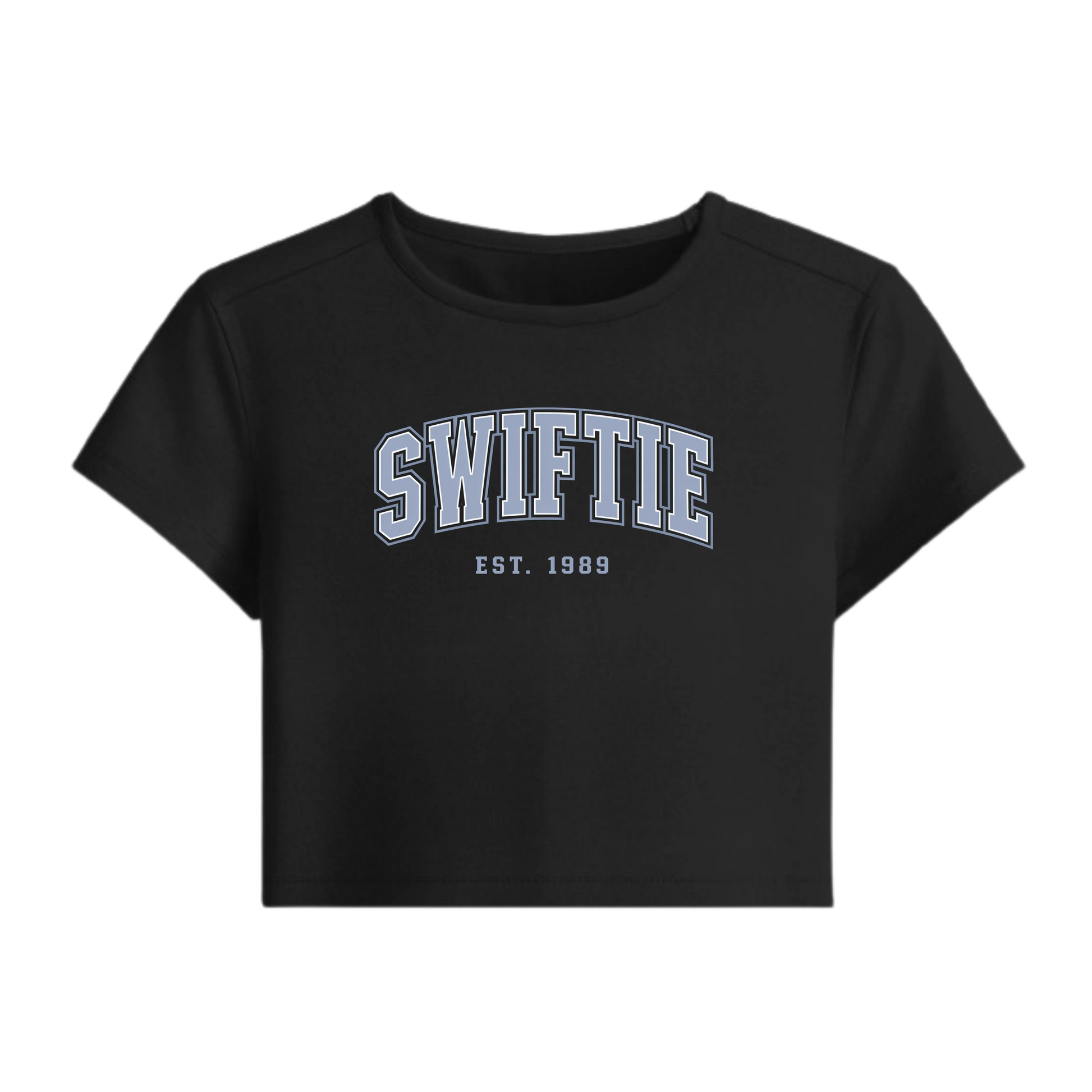 Black crop top with 'SWIFTIE EST. 1989' text on a white background