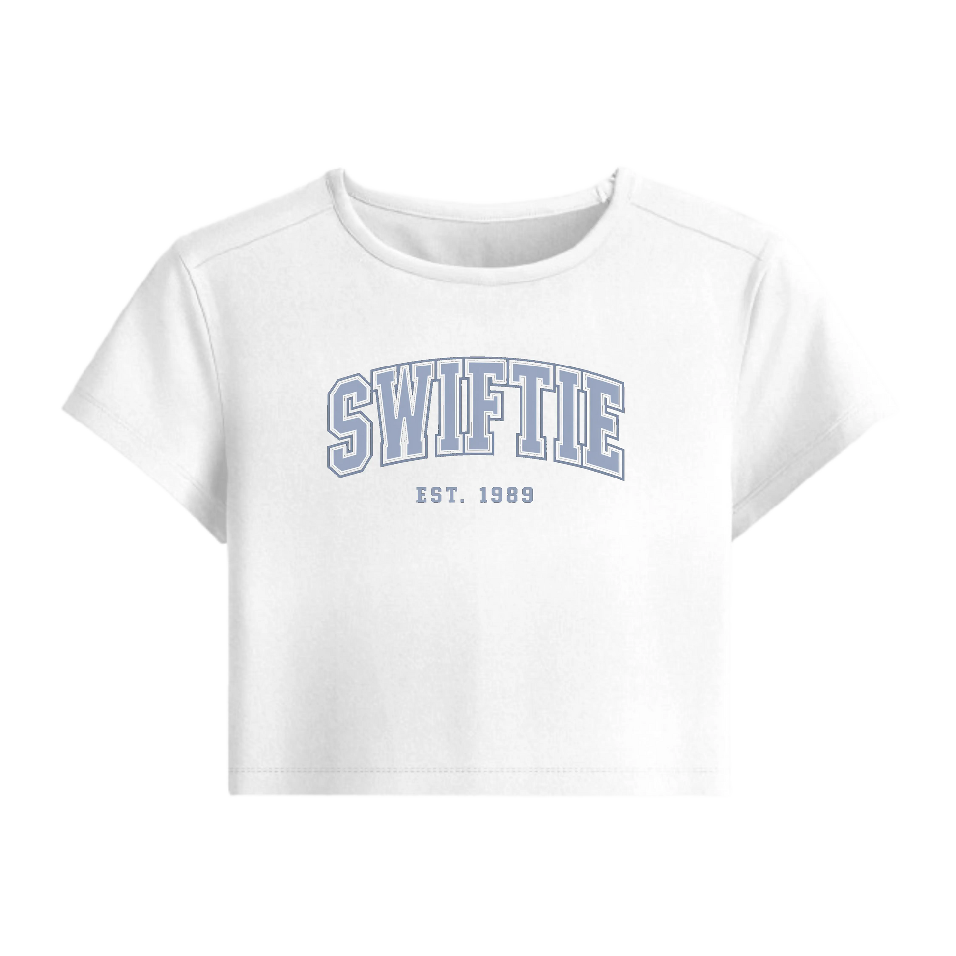 White t-shirt with 'SWIFTIE EST. 1989' text on a white background