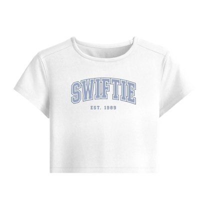 White t-shirt with 'SWIFTIE EST. 1989' text on a white background