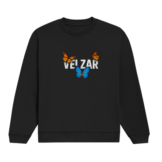 Black sweatshirt with 'VELZAR' and butterfly graphics.