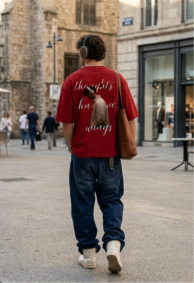 Person wearing a red t-shirt with text walking on a city street.